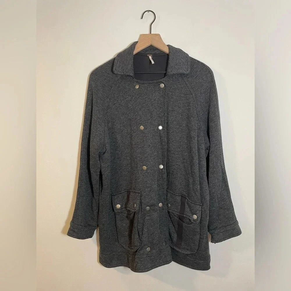 Free People Oversize Slouchy Anorak Jacket Gray Knit Linen Blend Pea Coat Small - Picture 2 of 10